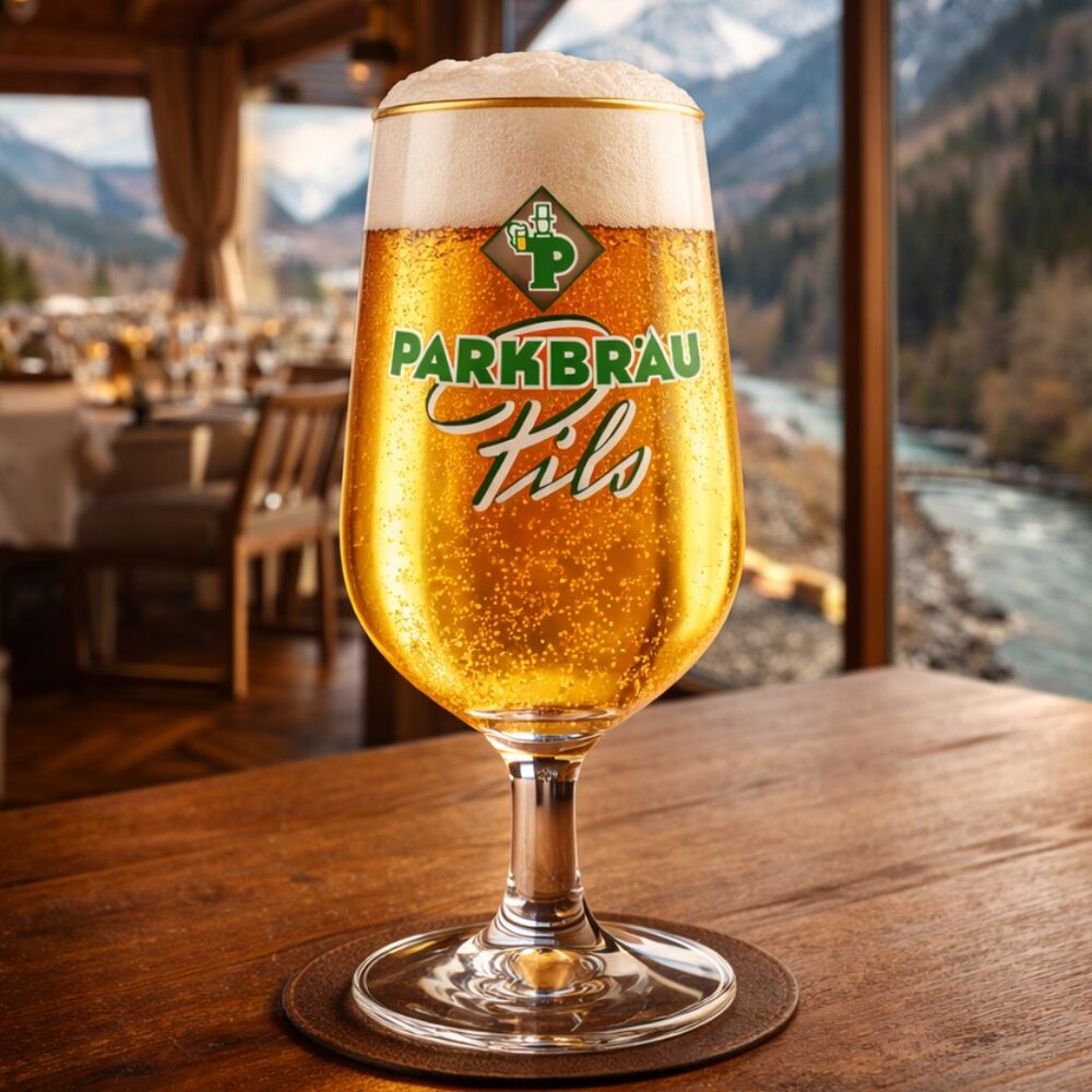 RARE NOS Parkbräu Pils 7" German Beer Glass Gold Rim HTF P-Männchen Variant - Picture 3 of 4
